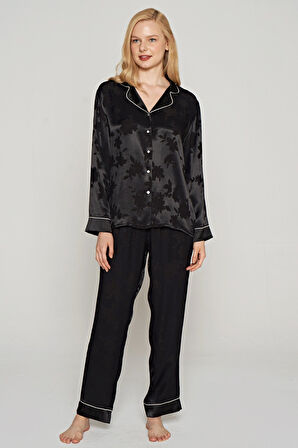 Kadın Siyah Çiçek İşlemeli  Uzun Kollu Önden Düğmeli Yaka Detaylı Saten Pijama Takımı