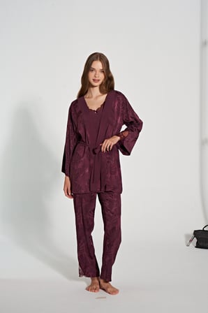 Kadın İnce Askılı Dantel İşlemeli 3'lü Sabahlıklı Pijama Takımı