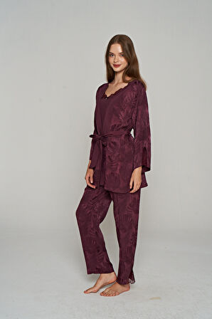 Kadın İnce Askılı Dantel İşlemeli 3'lü Sabahlıklı Pijama Takımı