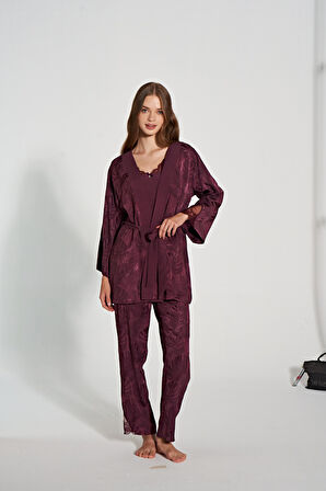 Kadın İnce Askılı Dantel İşlemeli 3'lü Sabahlıklı Pijama Takımı