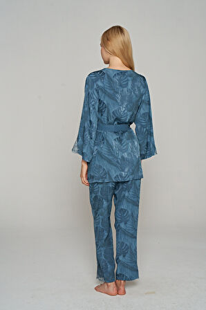 Kadın İnce Askılı Dantel İşlemeli 3'lü Sabahlıklı Pijama Takımı