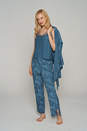 Kadın İnce Askılı Dantel İşlemeli 3'lü Sabahlıklı Pijama Takımı