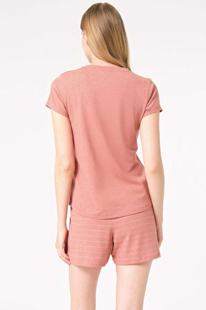 Kadın Kısa Kol Bisiklet Yaka Cotton Çizgili Kışlık Örme Normal Bel Pijama Takımı