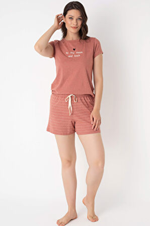 Kadın Kısa Kol Bisiklet Yaka Cotton Çizgili Kışlık Örme Normal Bel Pijama Takımı