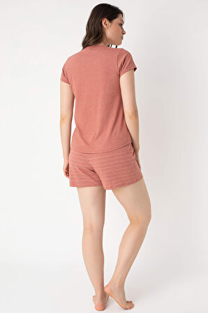 Kadın Kısa Kol Bisiklet Yaka Cotton Çizgili Kışlık Örme Normal Bel Pijama Takımı