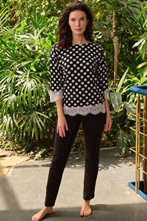 Kadın Viskon Puantiyeli Uzun Kol Dantelli Sweatshirt ve Pantolon Pijama Takım