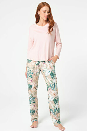 Kadın Uzun Kol V Yaka Viskon Çiçek Desenli Kışlık Örme Normal Bel Pijama Takımı