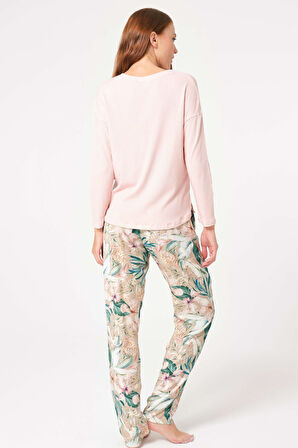 Kadın Uzun Kol V Yaka Viskon Çiçek Desenli Kışlık Örme Normal Bel Pijama Takımı