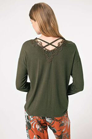 Kadın Haki Uzun Kol V Yaka Viskon Çiçek Desenli Kışlık Örme Normal Bel İp Detaylı Pijama Takımı