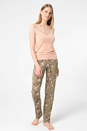 Kadın İp Askılı V Yaka Viskon Çiçek Desenli Bağlamalı Dantel Detaylı Pijama Takımı Sabahlık