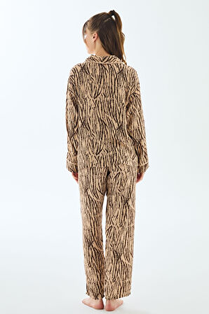 Kadın Kahverengi Uzun Kollu Leopar Desenli Önden Düğmeli Yaka Detaylı Pijama Takımı