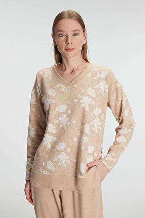 Kadın Açık Kahve Uzun Kollu Çiçek Desenli Paça Kısmı Lastik Detaylı Pamuklu  Pijama Takımı