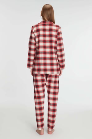 Kadın Kırmızı Uzun Kollu Ekose Desenli Önden Düğmeli Yaka Detaylı Pijama Takımı