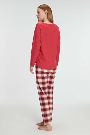 Kadın Kırmızı Uzun Kollu  Alt Kısmı Ekose Desenli Pijama Takımı