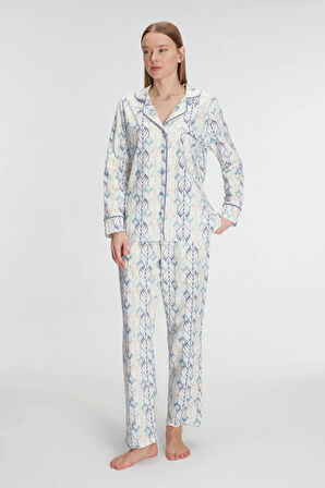 Kadın Açık Mavi Uzun Kollu Etnik Desenli Yaka Detaylı Önden Düğmeli Pijama Takımı
