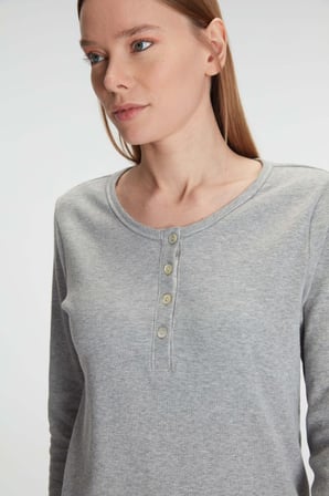 Kadın Gri Uzun Kollu Alt Kısmı Ekose Desenli Pijama Takımı