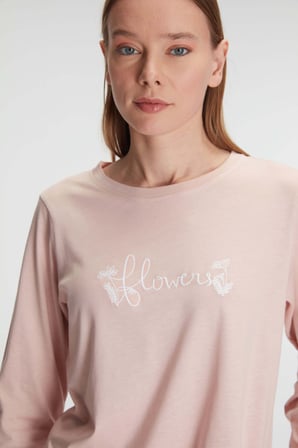 Kadın Gül Kurusu Uzun Kollu Çiçek Desenli Pijama Takımı
