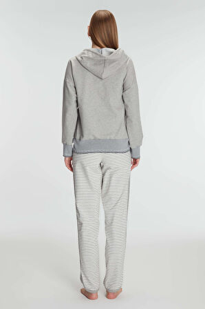 Kadın Gri Çizgi Desenli Hırkalı 3'lü Pijama Takımı