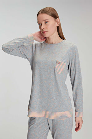 Kadın Gri Uzun Kollu Cep Detaylı Pijama Takımı