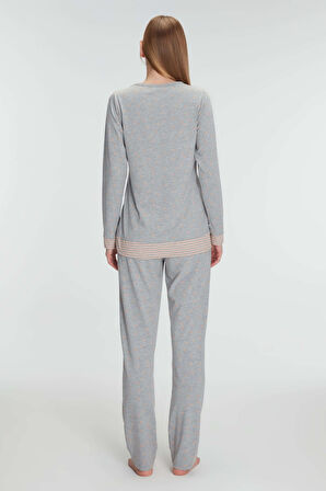 Kadın Gri Uzun Kollu Cep Detaylı Pijama Takımı
