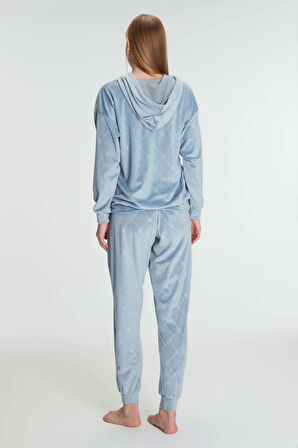 Kadın Mavi Uzun Kollu Kapüşonlu Polarlı Pijama Takımı