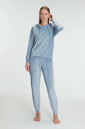 Kadın Mavi Uzun Kollu Kapüşonlu Polarlı Pijama Takımı