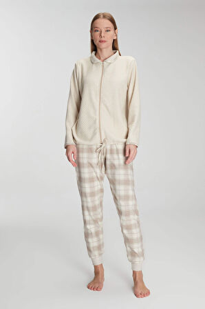 Kadın Bej Fermuarlı Alt Kısmı Ekose Desenli Pijama Takımı
