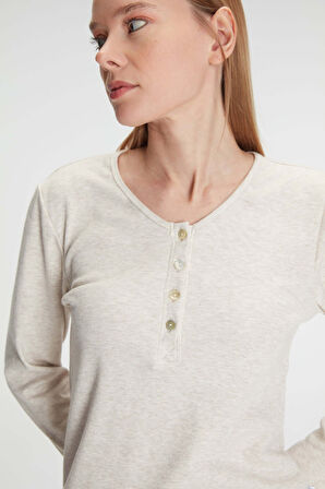 Kadın Bej Uzun Kollu Alt Kısmı Ekose Desenli Düğme Detaylı Pijama Takımı