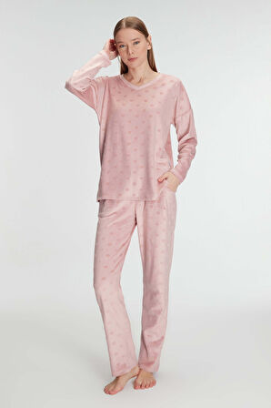 Kadın Gül Kurusu Uzun Kollu Puantiye Desenli Pamuklu Pijama Takımı