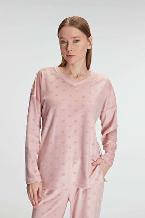 Kadın Gül Kurusu Uzun Kollu Puantiye Desenli Pamuklu Pijama Takımı