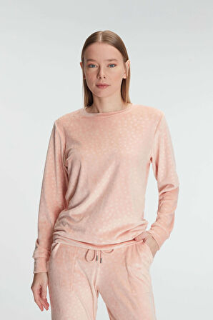 Kadın Şeftali Uzun Kollu Benek Desenli Cepli  Pamuklu Pijama Takımı