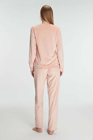 Kadın Şeftali Uzun Kollu Benek Desenli Cepli  Pamuklu Pijama Takımı