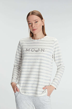 Kadın Gri Uzun Kollu Çizgi Desenli Yazı Ve Cep Detaylı Pamuklu Pijama Takımı