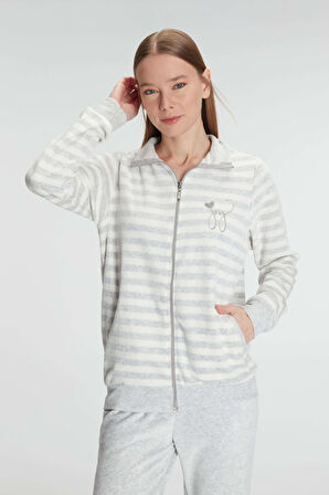 Kadın Gri Uzun Kollu Çizgi Desenli Yazı Detaylı Fermuarlı Pamuklu Pijama Takımı