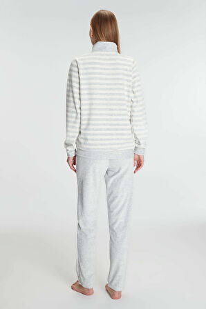 Kadın Gri Uzun Kollu Çizgi Desenli Yazı Detaylı Fermuarlı Pamuklu Pijama Takımı