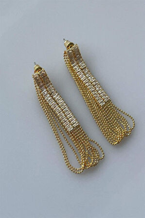 İthal Gold Renk Baget Taşlı Zincirli Küpe (5 Cm)