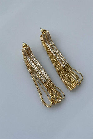 İthal Gold Renk Baget Taşlı Zincirli Küpe (5 Cm)
