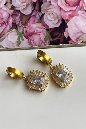 Çelik Gold Beyaz Taşlı Hera Küpe (3 Cm)