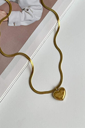 Çelik Love Yazılı Kalpli İtalyan Zincirli Kolye (46 Cm)
