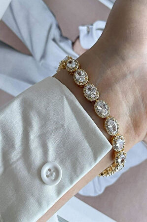 Özel Kaplama Gold Renkli Pırlanta Montür Taşlı Bileklik (19 Cm)