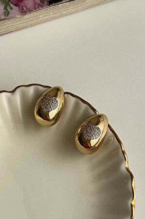 Çelik Gold Zirkon Taşlı Bottega Damla Kalpli Küpe (2 Cm)