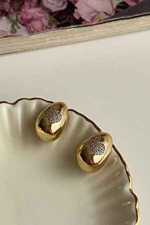 Çelik Gold Zirkon Taşlı Bottega Damla Kalpli Küpe (2 Cm)