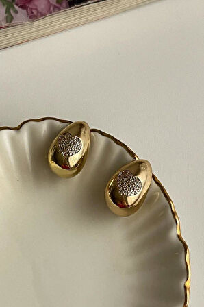 Çelik Gold Zirkon Taşlı Bottega Damla Kalpli Küpe (2 Cm)