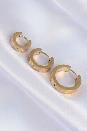 Çelik Gold Renk Zirkon Taşlı Cartier Model 3lü Halka Küpe