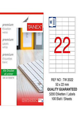 Tanex Lazer Etiket Tw 2022 50*22 Mm Beyaz 100Lü