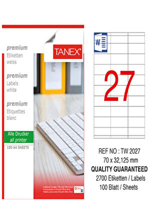 Tanex Lazer Etiket Tw 2027 70*32 Mm Beyaz 100Lü