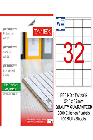 Tanex Lazer Etiket Tw 2032 52.5*35 Mm Beyaz 100Lü