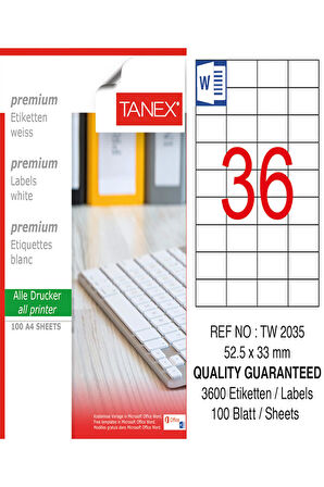 Tanex Lazer Etiket Tw 2035 52.5*33 Mm Beyaz 100Lü