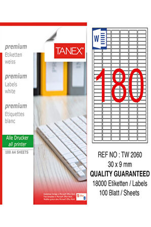 Tanex Lazer Etiket Tw 2060 30*9 Mm Beyaz 100Lü