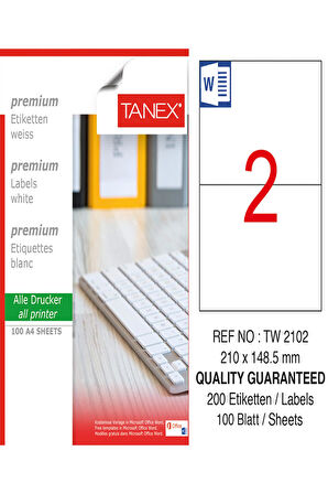 Tanex Lazer Etiket Tw 2102 210*148.5 Mm Beyaz 100Lü